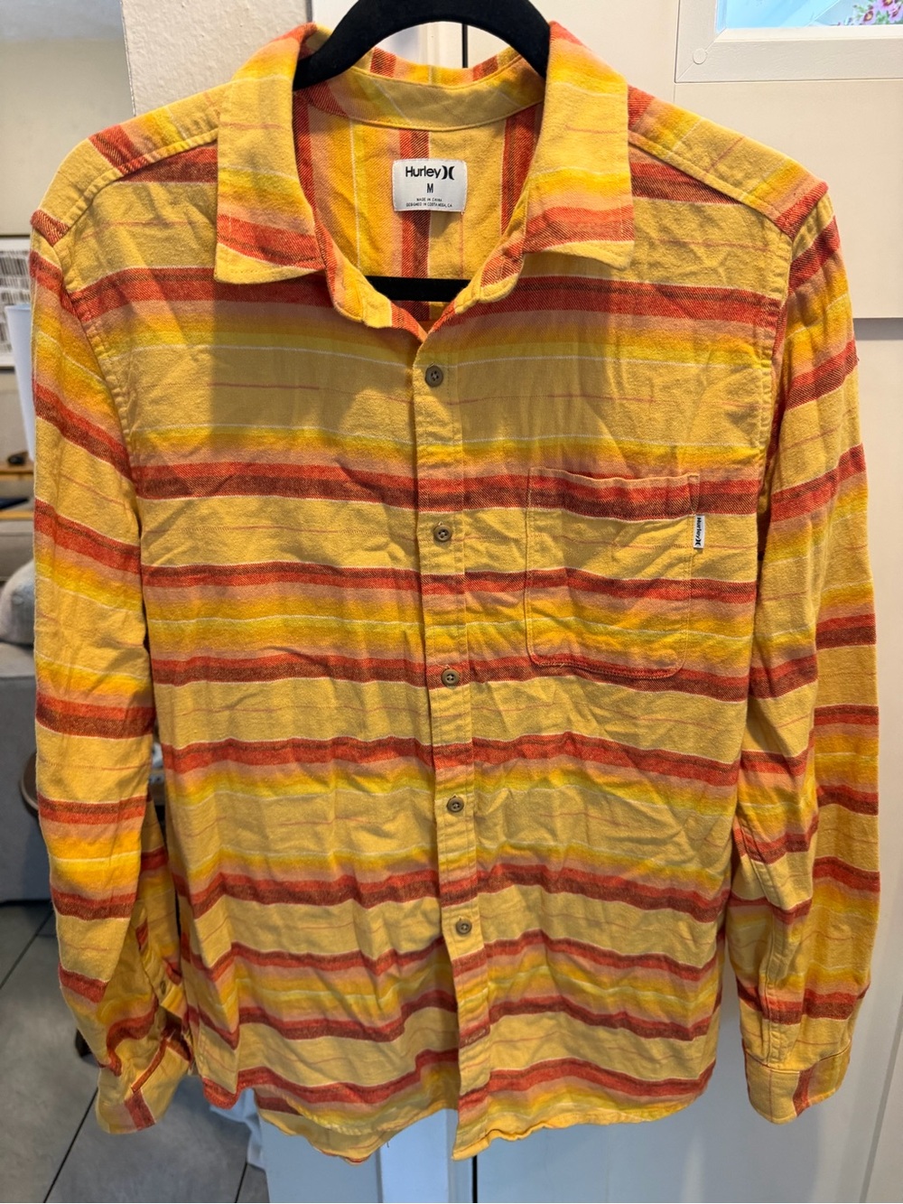 Hurley Men’s Medium Yellow and Red Striped Casual Button-Down Flannel Shirt
